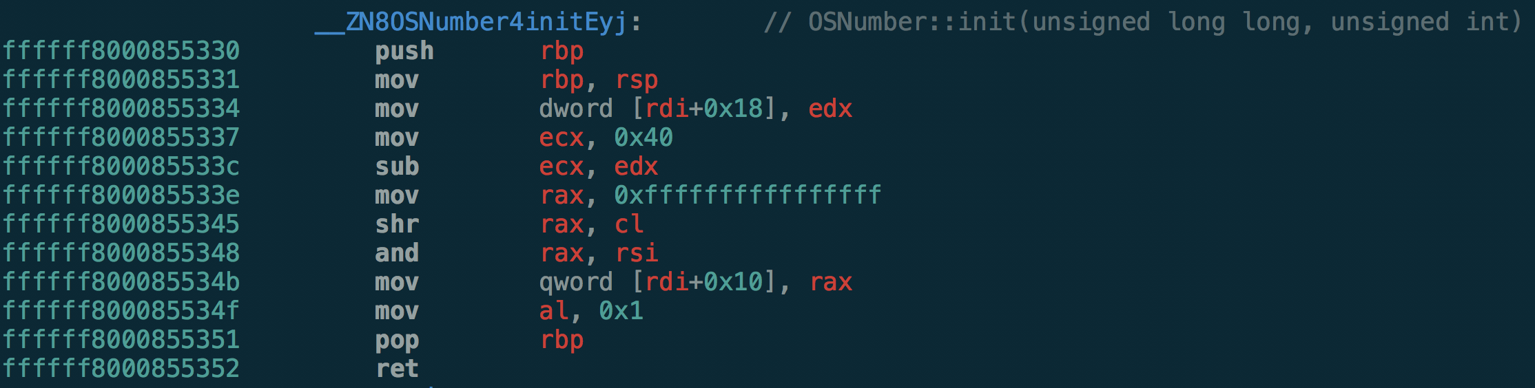Disassembly of OSNumber::init(unsigned long long, unsigned int)